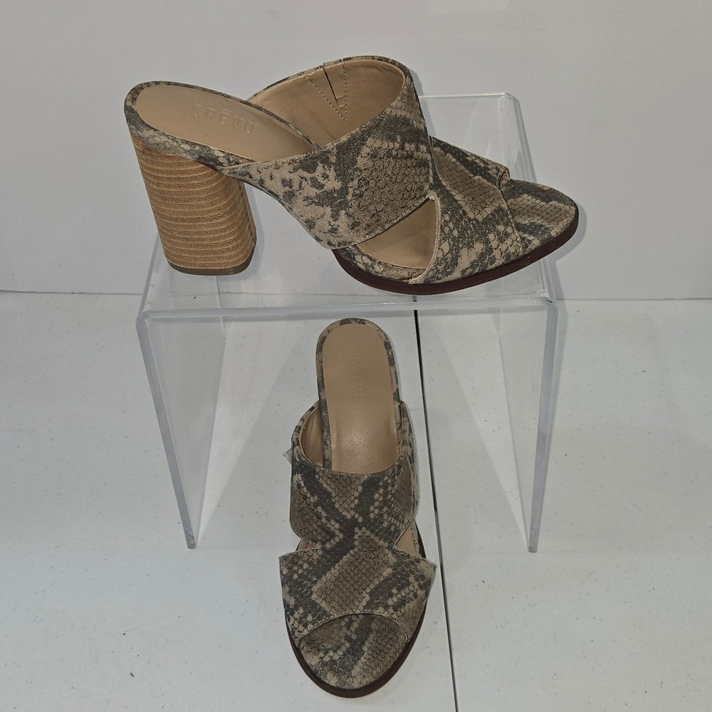 Crevo Dee Ivory Snake Print Leather Block Heel Slide Sandals CW1281-272 Womens 7